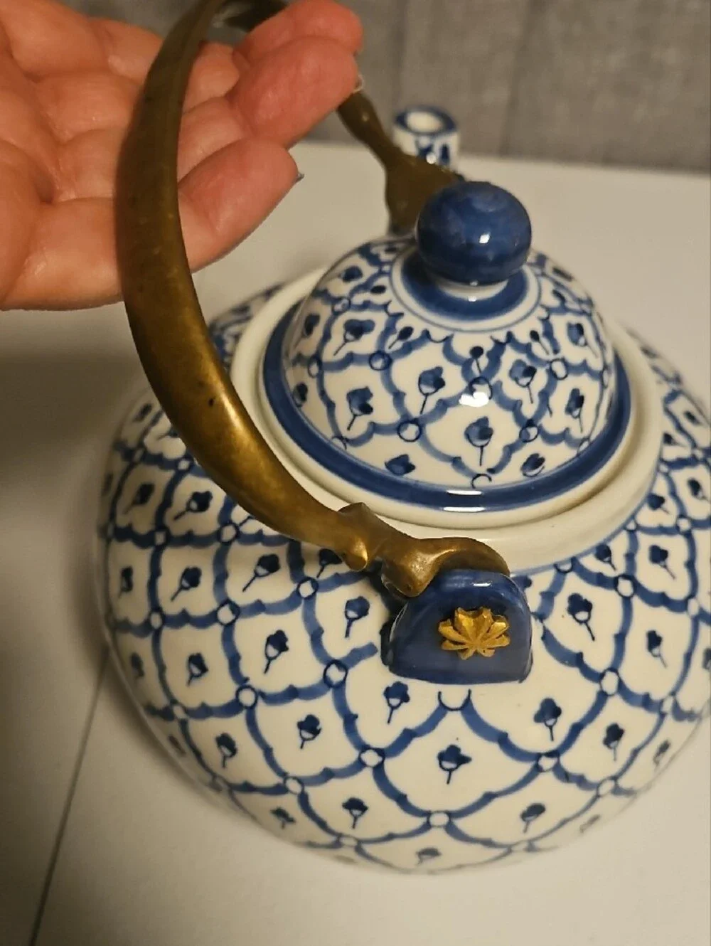 Andrea By Sadek Blue and White Ceramic Teapot with Brass Handle